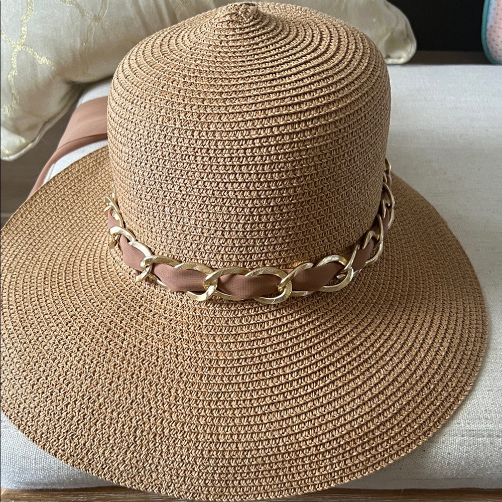 Elegant Tan Wide-Brim Hat with Gold Chain Detail